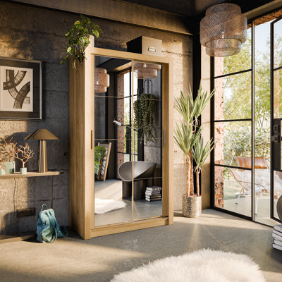 Arte Lux XixStylish Mirrored Sliding Door Wardrobe (H2150mm W1200mm D600mm) With Customisable Interior LayoutOak Shetland from B&Q