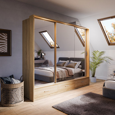 Arte Lux Xxiii -Elegant Oak Shetland Mirrored Sliding Door Wardrobe (H2150mm W2500mm D630mm) With Drawers And Led Lighting from B&Q