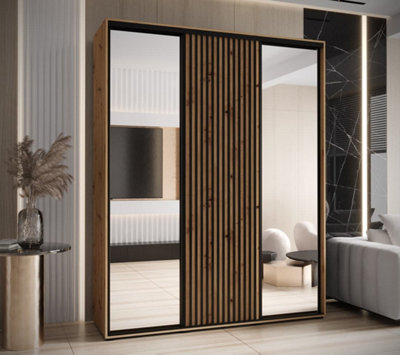 Arte Sapporo Ii Mirrored Sliding Door WardrobeOak Artisan And Lamella Effect (H)2050mm (W)2000mm (D)600mm from B&Q