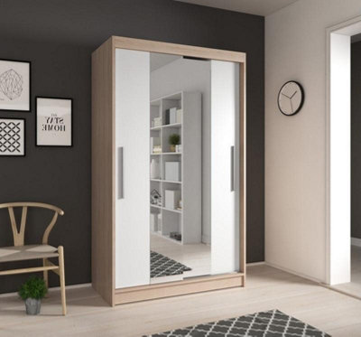 Arte Modern Oak Sonoma & White Sliding Door Wardrobe W1200mm H2000mm D610mm With Mirrored Design from B&Q