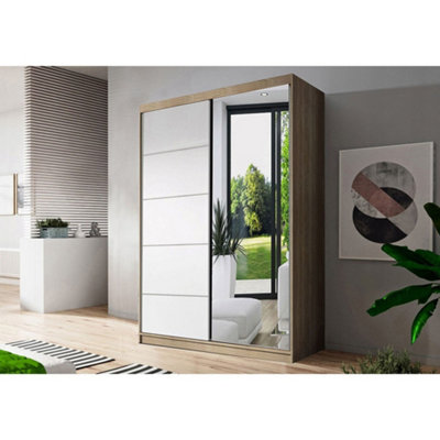 Arte Modern Neomi 5 Oak Sonoma Carcass & White Sliding Door Wardrobe W1200mm H2000mm D610mm With Mirrored Doors from B&Q