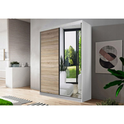 Arte Contemporary Neomi 5 White Carcass & Oak Sonoma Front Sliding Door Wardrobe W1200mm H2000mm D610mm With Mirrored Doors from B&Q