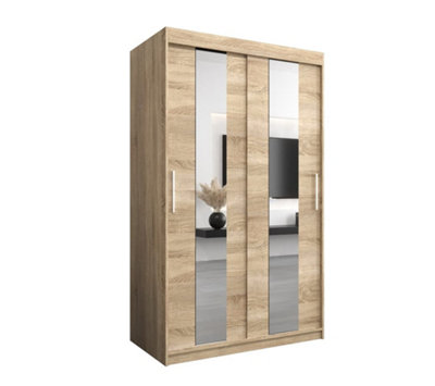 Arte Stylish Oak Sonoma Pole Sliding Door Wardrobe W1200mm H2000mm D620mm Mirrored Elegant Storage Solution from B&Q