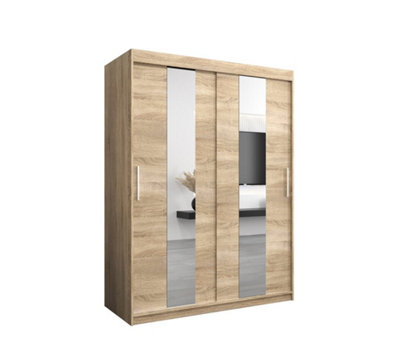 Arte Stylish Oak Sonoma Pole Sliding Door Wardrobe W1500mm H2000mm D620mm Mirrored Elegant Storage Solution from B&Q