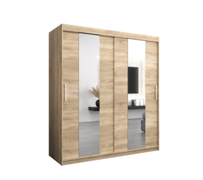 Arte Stylish Oak Sonoma Pole Sliding Door Wardrobe W1800mm H2000mm D620mm Mirrored Elegant Storage Solution from B&Q