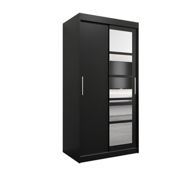 Arte Sleek Black Roma I Sliding Door Wardrobe W1000mm H2000mm D620mm Mirrored Contemporary Storage Solution from B&Q