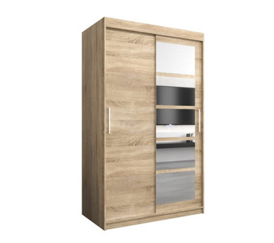 Arte Stylish Oak Sonoma Roma I Sliding Door Wardrobe W1200mm H2000mm D620mm Mirrored Vertical Handles Elegant Storage Solution from B&Q