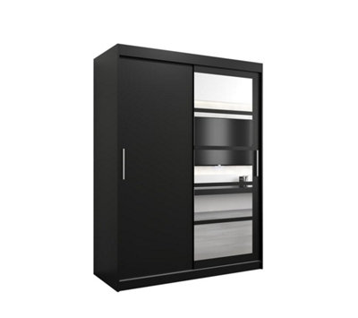Arte Sleek Black Roma I Sliding Door Wardrobe W1500mm H2000mm D620mm Mirrored Vertical Handles Contemporary Storage Solution from B&Q