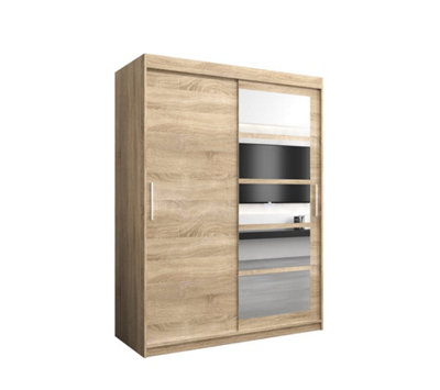 Arte Stylish Oak Sonoma Roma I Sliding Door Wardrobe W1500mm H2000mm D620mm Mirrored Vertical Handles Elegant Storage Solution from B&Q