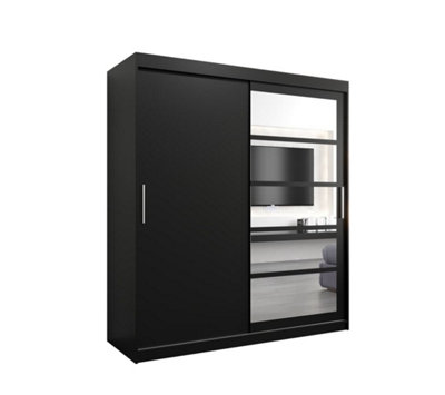 Arte Sleek Black Roma I Sliding Door Wardrobe W1800mm H2000mm D620mm Mirrored Vertical Handles Contemporary Storage Solution from B&Q