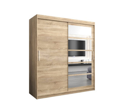 Arte Stylish Oak Sonoma Roma I Sliding Door Wardrobe W1800mm H2000mm D620mm Mirrored Vertical Handles Elegant Storage Solution from B&Q
