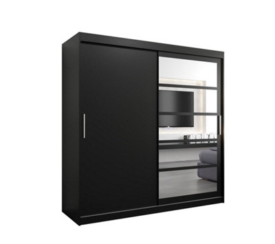 Arte Sleek Black Roma I Sliding Door Wardrobe W2000mm H2000mm D620mm Mirrored Vertical Handles Contemporary Storage Solution from B&Q