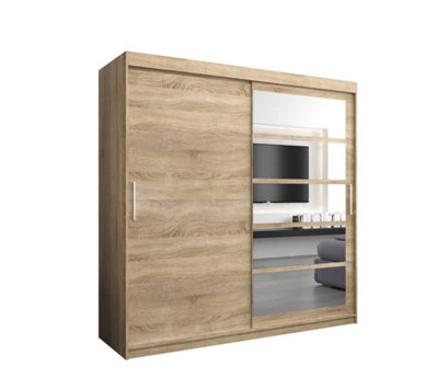 Arte Stylish Oak Sonoma Roma I Sliding Door Wardrobe W2000mm H2000mm D620mm Mirrored Vertical Handles Elegant Storage Solution from B&Q