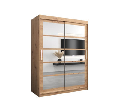 Arte Roma Ii Oak Artisan Stylish Sliding Door Wardrobe H2000mm W1500mm D620mm With Mirrored Panels And Silver Handles from B&Q