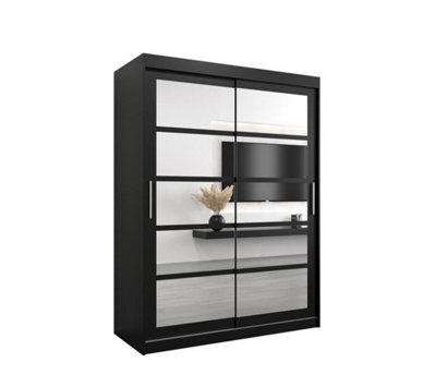 Arte Roma Ii Black Modern Sliding Door Wardrobe H2000mm W1500mm D620mm With Mirrored Panels And Silver Handles from B&Q