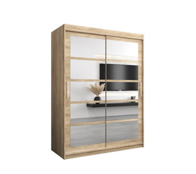 Arte Roma Ii Oak Sonoma Spacious Sliding Door Wardrobe H2000mm W1500mm D620mm With Mirrored Panels And Silver Handles from B&Q