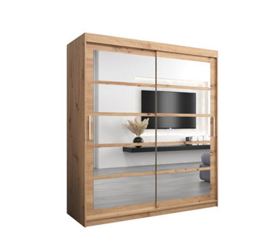 Arte Roma Ii Oak Artisan Stylish Sliding Door Wardrobe H2000mm W1800mm D620mm With Mirrored Panels And Silver Handles from B&Q