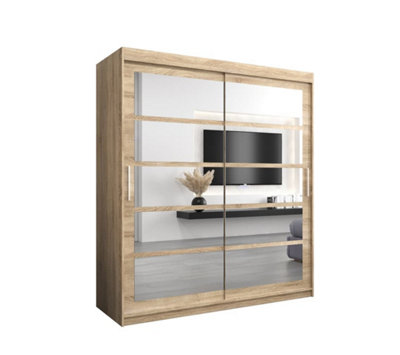 Arte Roma Ii Oak Sonoma Spacious Sliding Door Wardrobe H2000mm W1800mm D620mm With Mirrored Panels And Silver Handles from B&Q