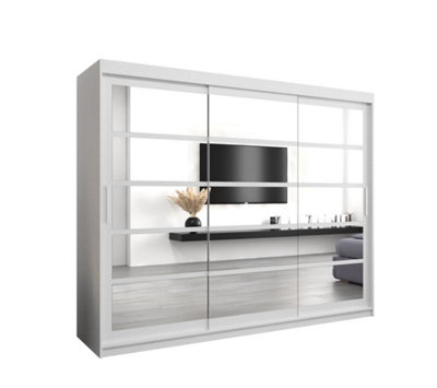 Arte Elegant White Sliding Door Wardrobe H2000mm W2500mm D620mm With Mirrored Panels And Silver Handles from B&Q