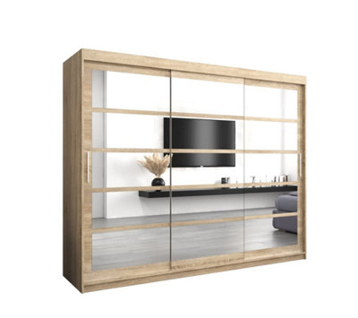 Arte Timeless Oak Sonoma Sliding Door Wardrobe H2000mm W2500mm D620mm With Mirrored Panels And Silver Handles from B&Q