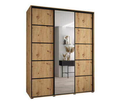 Arte Rustic Oak Artisan Mirrored Cannes V Sliding Wardrobe H2050mm W2000mm D600mm With Custom Black Steel Handles And Decorative Strip from B&Q