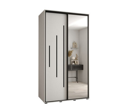 Arte Pristine White Mirrored Cannes Xiii Sliding Wardrobe H2050mm W1400mm D600mm With Custom Black Steel Handles And Decorative Strips from B&Q