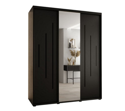 Arte Bold Black Mirrored Cannes Xiii Sliding Wardrobe H2050mm W2000mm D600mm With Custom Black Steel Handles And Decorative Strips from B&Q