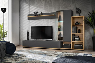 Arte Silk Ii Entertainment Unit: Sophisticated Anthracite & Oak WotanW2400mm X H1450mm X D400mm from B&Q
