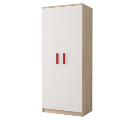 Arte Smyk Iii 06 White Front Oak Sonoma Carcass Hinged Wardrobe 800mm H1930mm D500mm With Striking Red Handles from B&Q