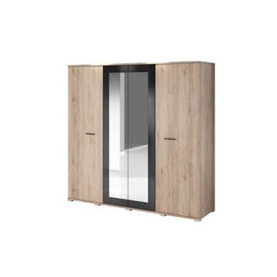 Arte Stylish Bari Mirrored Hinged Door Wardrobe W2000mm H1960mm D580mmOak San Remo & Black Finish from B&Q