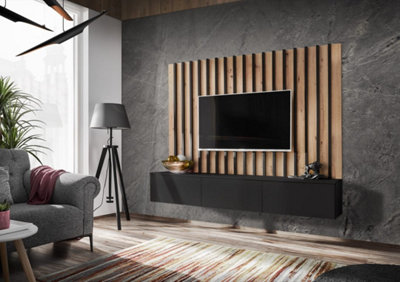 Arte Elegant Verti Ii Entertainment Unit For Tvs Up To 75" H1480mm W1800mm D350mmModern Designin Oak Artisan & Black from B&Q