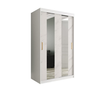 Arte Elegant White Geneva Sliding Door Wardrobe W1200mm H2000mm D620mmMirrored DoorsGold HandlesSleek Design from B&Q
