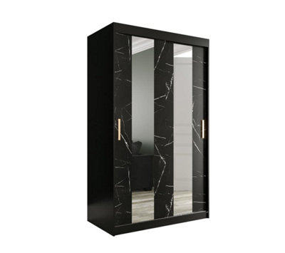 Arte Stylish Black Geneva Sliding Door Wardrobe W1200mm H2000mm D620mmMirrored DoorsGold HandlesVersatile Storage from B&Q
