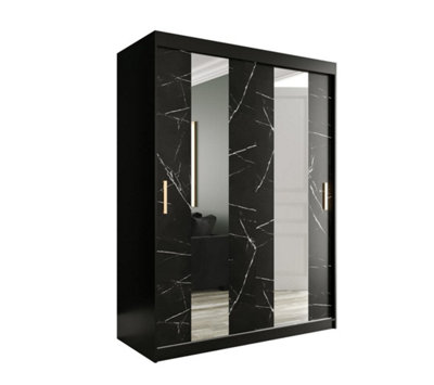 Arte Elegant Black Geneva Sliding Door Wardrobe W1500mm H2000mm D620mmMirrored DoorsGold HandlesSpace-Saving Storage from B&Q