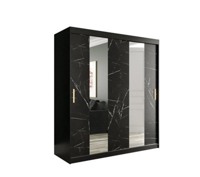 Arte Stylish Black Geneva Sliding Door Wardrobe W1800mm H2000mm D620mmMirrored DoorsGold HandlesAmple Storage from B&Q