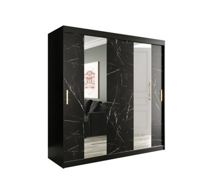 Arte Elegant Black Geneva Sliding Door Wardrobe W2000mm H2000mm D620mmMirrored DoorsGold HandlesLarge Storage from B&Q