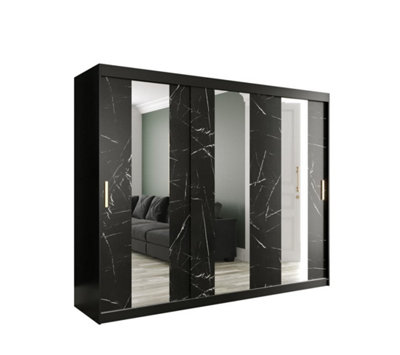 Arte Elegant Black Geneva Sliding Door Wardrobe W2500mm H2000mm D620mmMirrored DoorsGold HandlesGrand Storage from B&Q