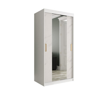 Arte Elegant White Geneva T1 Mirrored Sliding Door Wardrobe W1000mm H2000mm D620mmModern Space-Saving Design With Gold Handles from B&Q