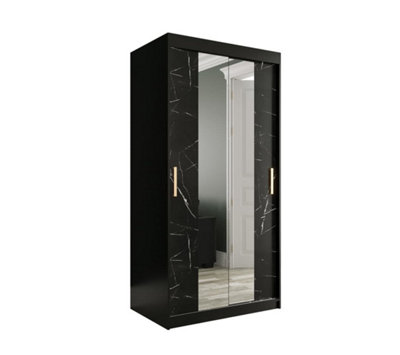 Arte Compact Black Geneva T1 Mirrored Sliding Door Wardrobe W1000mm H2000mm D620mmSleek DesignEfficient Storage With Gold Handles from B&Q