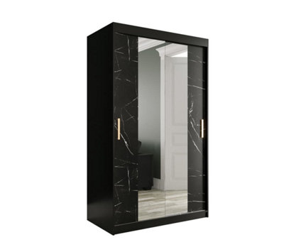 Arte Sleek Black Geneva T1 Mirrored Sliding Door Wardrobe W1200mm H2000mm D620mmSpace-SavingGold HandlesEfficient Storage from B&Q
