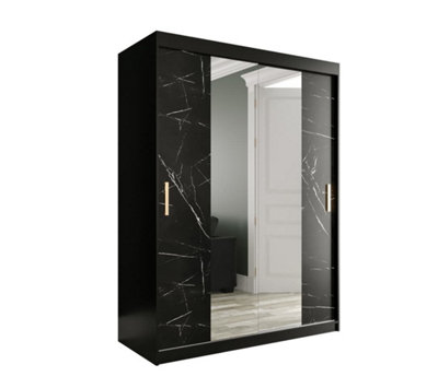 Arte Sleek Black Geneva T1 Mirrored Sliding Door Wardrobe W1500mm H2000mm D620mmSpace-SavingGold HandlesEfficient Storage from B&Q