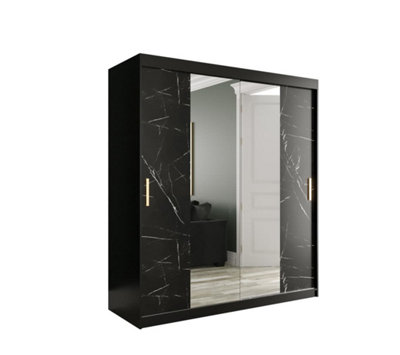 Arte Spacious Black Geneva T1 Mirrored Sliding Door Wardrobe W1800mm H2000mm D620mmSleek DesignGold HandlesAmple Storage from B&Q