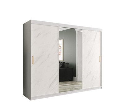 Arte Chic White Geneva T1 Sliding Door Wardrobe W2500mm H2000mm D620mmModern DesignGold HandlesMirrored Door from B&Q