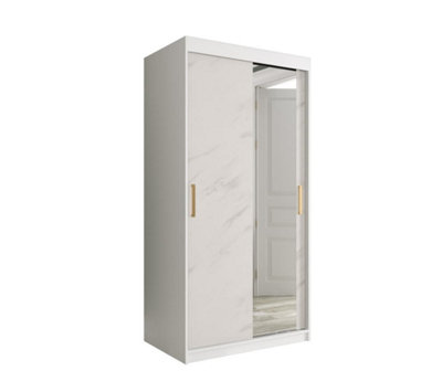 Arte Chic White Geneva T2 Sliding Door Wardrobe W1000mm H2000mm D620mmModern DesignGold HandlesMirrored Door from B&Q
