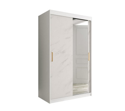 Arte Stylish White Geneva T2 Sliding Door Wardrobe W1200mm H2000mm D620mmModern DesignMirrored DoorGold Handles from B&Q