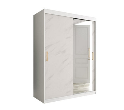 Arte Stylish White Geneva T2 Sliding Door Wardrobe W1500mm H2000mm D620mmModern DesignMirrored DoorGold Handles from B&Q