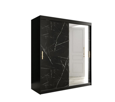 Arte Elegant Black Geneva T2 Sliding Door Wardrobe W1800mm H2000mm D620mmMirrored DoorGold HandlesExtensive Storage from B&Q