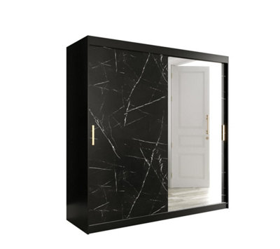 Arte Elegant Black Geneva T2 Sliding Door Wardrobe W2000mm H2000mm D620mmMirrored DoorGold HandlesExtensive Storage from B&Q