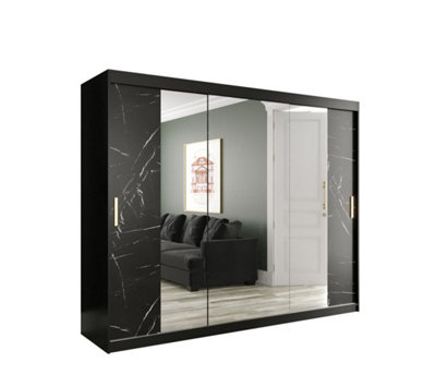 Arte Elegant Black Geneva T2 Sliding Door Wardrobe W2500mm H2000mm D620mmMirrored DoorsGold HandlesExpansive Storage from B&Q