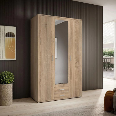 Arte Elegant Karl 3-Door Hinged Wardrobe With Mirror W1200mm H1960mm D535mmOak SonomaSpacious StorageModern Design from B&Q